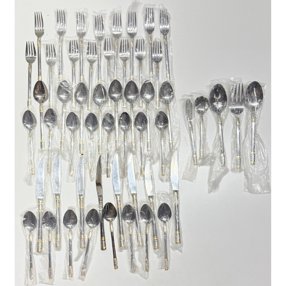 Wallace 18/10 Stainless Continental Bead Gold Flatware Set 45pc Service for 8